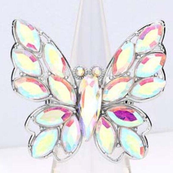 Butterfly Aurora Borealis Marquise Rhinestone Silver Stretch Ring NWT - Picture 1 of 6